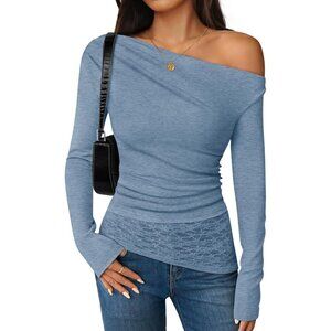 Women's Off Shoulder Blue Long Sleeve Top Casual Lace Slim Fit Fall Y2K Blouse